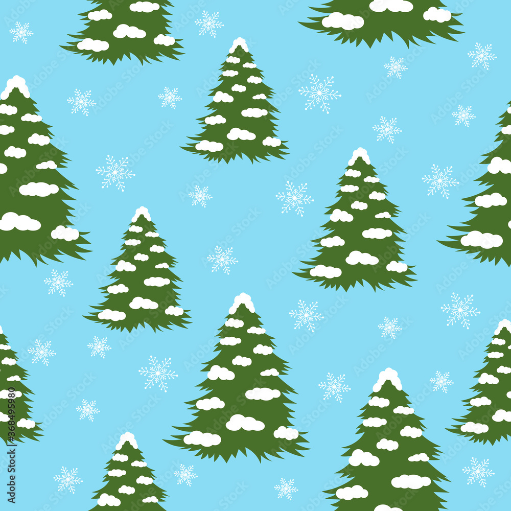 Seamless pattern winter Christmas trees in the snow with snowflakes vector illustration