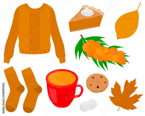 Set Hygge autumn vector illustration. Sweater socks tea sea buckthorn cookies pumpkin pie leaves