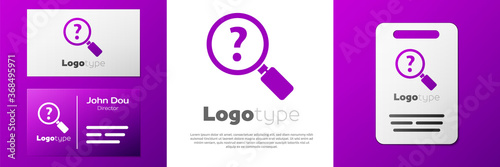 Logotype Unknown search icon isolated on white background. Magnifying glass and question mark. Logo design template element. Vector Illustration.