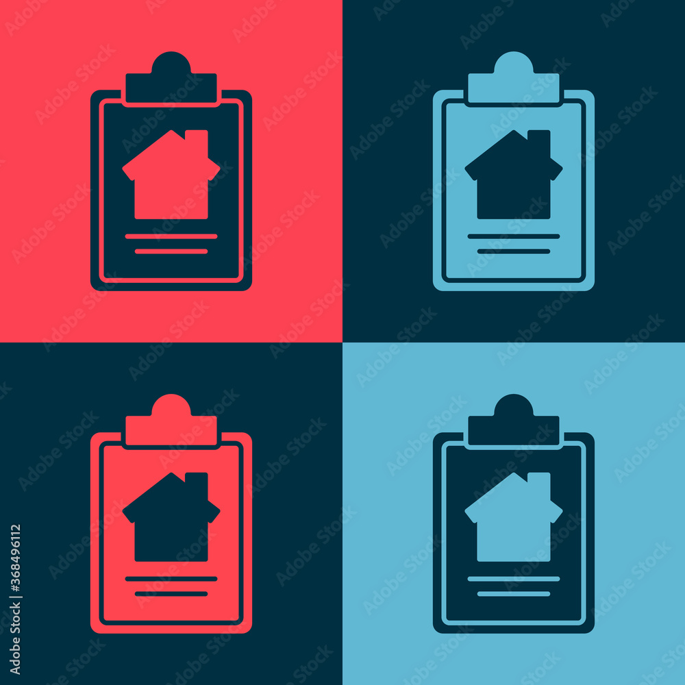 Pop art House contract icon isolated on color background. Contract creation service, document formation, application form composition. Vector Illustration. Pop art House contract icon isolated on color background. Contract creation service, document formation, application form composition. Vector Illustration.