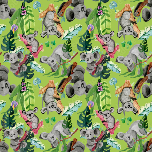 Koalas and tropical leaves green seamless pattern with wildlife animals