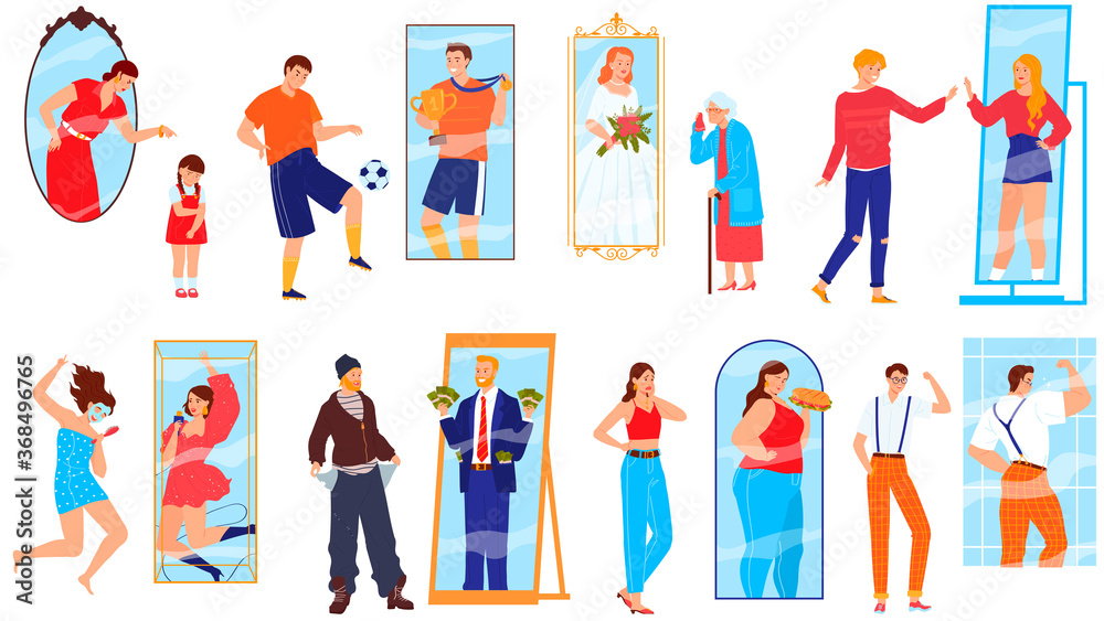 Reflection mirror people vector illustration flat set. Cartoon woman character looking mirror, seeing fat person, thin man mirroring bodybuilder, athlete reflecting successful winner isolated on white Stock Vector | Adobe Stock Reflection mirror people vector illustration flat set. Cartoon woman character looking mirror, seeing fat person, thin man mirroring bodybuilder, athlete reflecting successful winner isolated on white Stock Vector | Adobe Stock