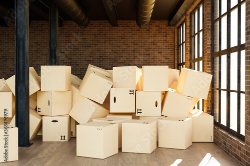large industrial urban warehouse with large pile of cardboard moving boxes, conceptual 3D Illustration