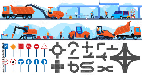 Road repair construction vector illustration flat set. Cartoon worker repairman character working on constructing equipment truck, people building concrete asphalt highway, roadworks isolated on white