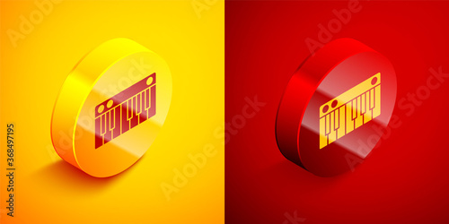 Isometric Music synthesizer icon isolated on orange and red background. Electronic piano. Circle button. Vector Illustration.