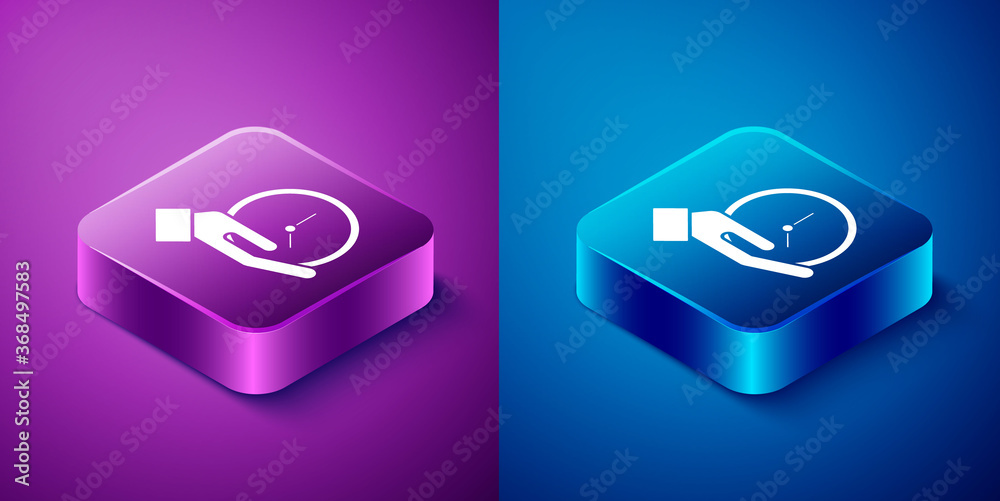 Isometric Clock icon isolated on blue and purple background. Time symbol. Square button. Vector Illustration. Isometric Clock icon isolated on blue and purple background. Time symbol. Square button. Vector Illustration.