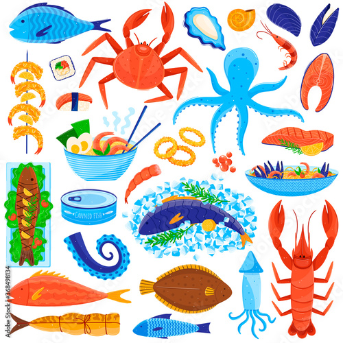 Seafood restaurant dish vector illustration flat set. Cartoon fresh or cooked food, sea products collection of crab salmon sushi, noodle shrimp mussel soup or baked fish, meals menu isolated on white