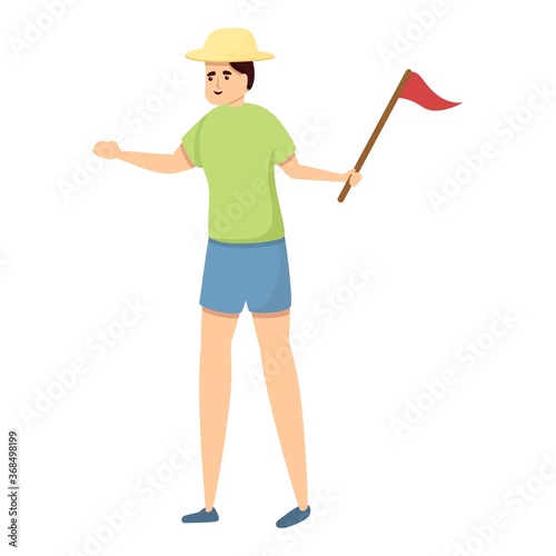 Tourist city guide with flag icon. Cartoon of tourist city guide with flag vector icon for web design isolated on white background