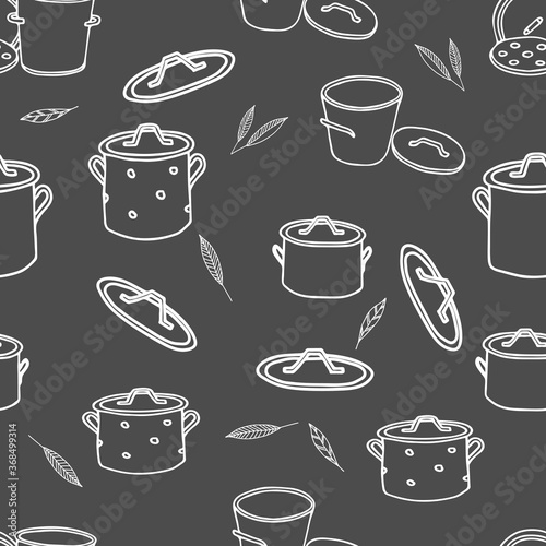 White hand drawing outline illustration of a group of saucepans with lids and Bay leaves for cooking isolated on a gray background