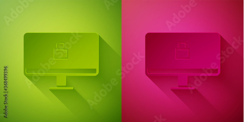 Paper cut Lock on computer monitor screen icon isolated on green and pink background. Security, safety, protection concept. Safe internetwork. Paper art style. Vector Illustration.