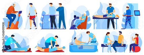 People in orthopedic therapy rehabilitation vector illustration set. Cartoon flat therapist character working with disabled patient, rehabilitating physical activity, physiotherapy isolated on white photo