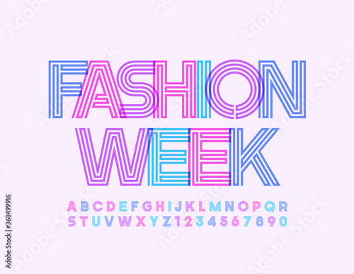 Vector colorful flyer Fashion Week. Creative bright Font. Maze style Alphabet Letters and Numbers