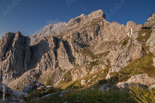 North side of Civetta mountain group as seen from A. Sonino refuge at Coldai, stage eight of Alta Via 1 classic trek in the Dolomites, Zolda Alto municipality, province of Belluno, South Tirol, Italy.