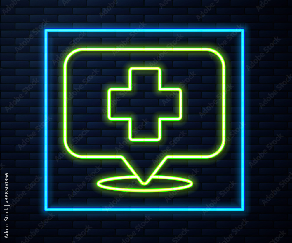 Glowing neon line Medical map pointer with cross hospital icon isolated on brick wall background. Vector Illustration. Glowing neon line Medical map pointer with cross hospital icon isolated on brick wall background. Vector Illustration.