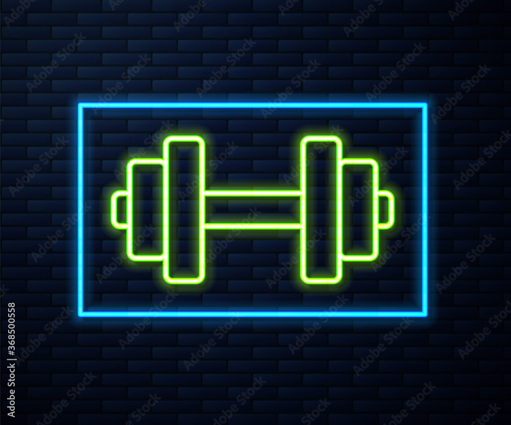 Glowing neon line Dumbbell icon isolated on brick wall background. Muscle lifting icon, fitness barbell, gym, sports equipment, exercise bumbbell. Vector Illustration. Glowing neon line Dumbbell icon isolated on brick wall background. Muscle lifting icon, fitness barbell, gym, sports equipment, exercise bumbbell. Vector Illustration.