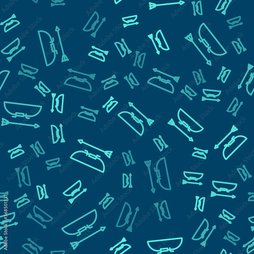Green line Bow and arrow in quiver icon isolated seamless pattern on blue background. Vector Illustration. Green line Bow and arrow in quiver icon isolated seamless pattern on blue background. Vector Illustration.