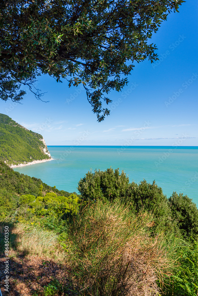 View of the Conero Riviera from Sirolo. Ancona, Adriatic Sea. Marche. Italy