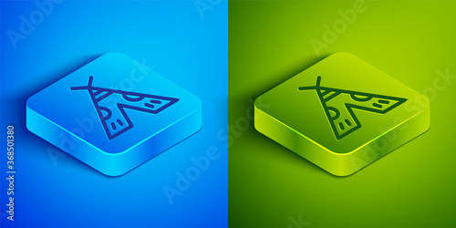Isometric line Traditional indian teepee or wigwam icon isolated on blue and green background. Indian tent. Square button. Vector Illustration.