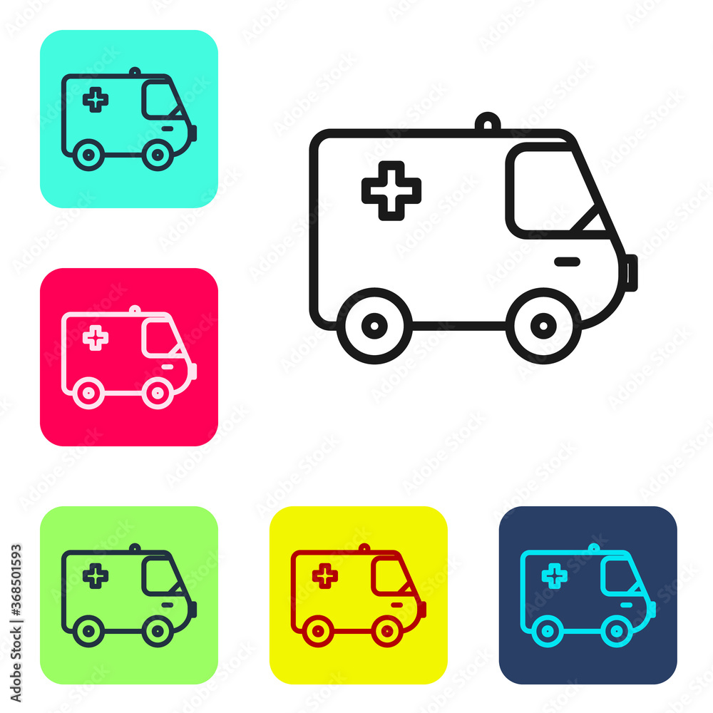 Black line Ambulance and emergency car icon isolated on white background. Ambulance vehicle medical evacuation. Set icons in color square buttons. Vector Illustration. Black line Ambulance and emergency car icon isolated on white background. Ambulance vehicle medical evacuation. Set icons in color square buttons. Vector Illustration.