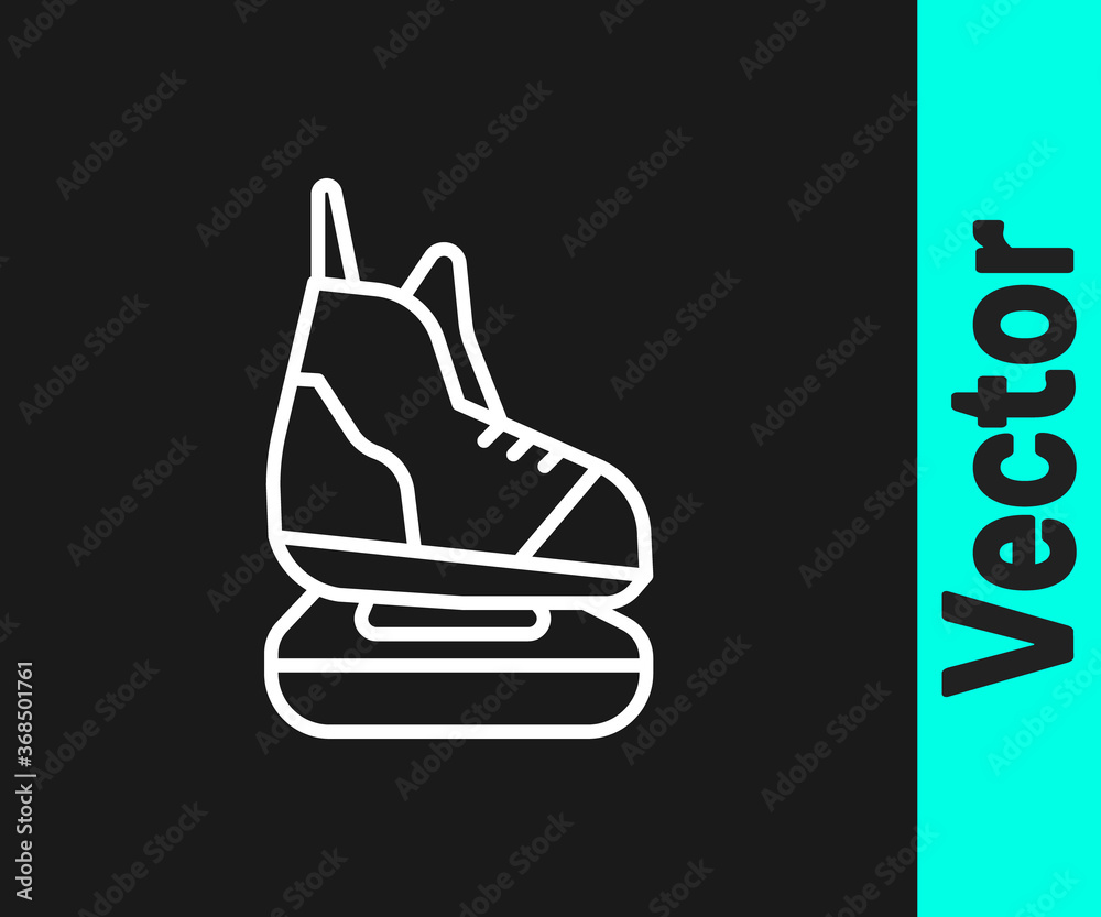 White line Skates icon isolated on black background. Ice skate shoes icon. Sport boots with blades. Vector Illustration.