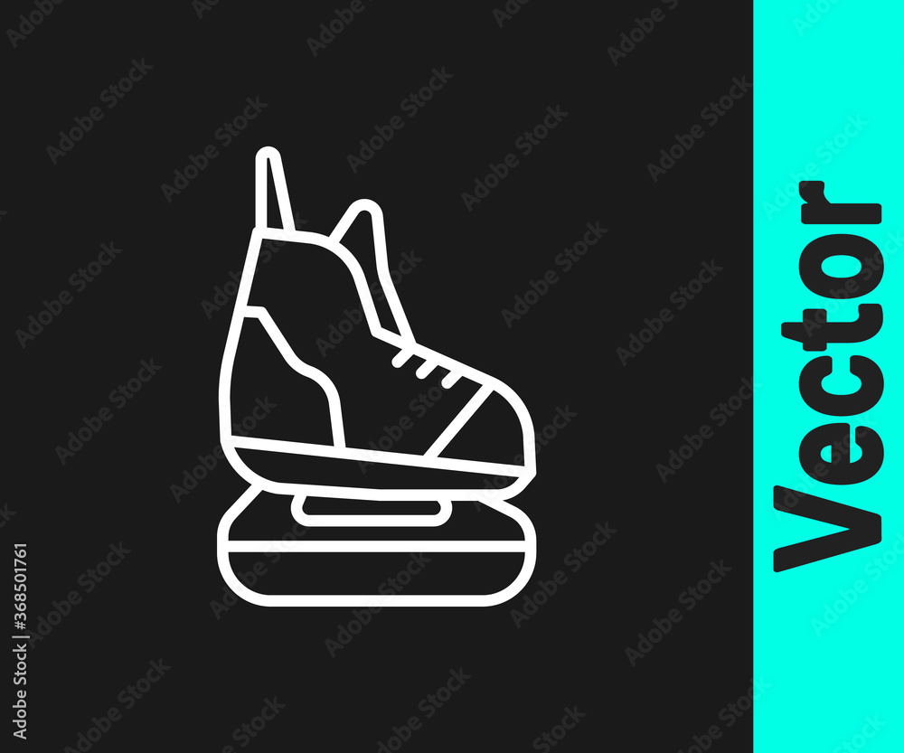 White line Skates icon isolated on black background. Ice skate shoes icon. Sport boots with blades. Vector Illustration. White line Skates icon isolated on black background. Ice skate shoes icon. Sport boots with blades. Vector Illustration.