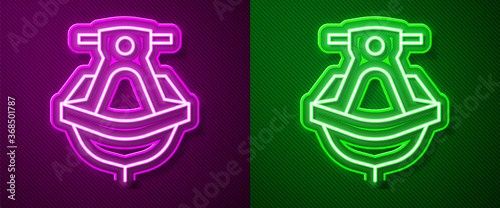 Glowing neon line Jet ski icon isolated on purple and green background. Water scooter. Extreme sport. Vector Illustration.