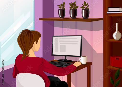 Office worker or freelancer. Pretty woman is sitting at the desk and working on the computer. Comfortable workplace, modern interior. Home office, freelance, online study, education. Flat vector. 