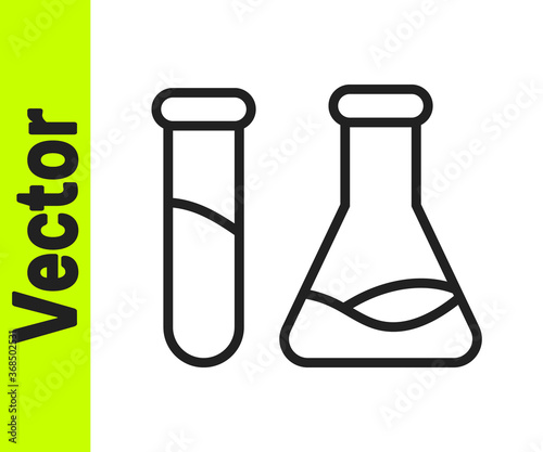 Black line Test tube and flask - chemical laboratory test icon isolated on white background. Laboratory glassware sign. Vector Illustration.