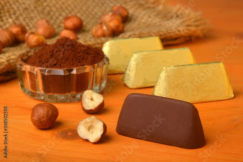 Italian food product, Gianduiotto the traditional Piedmont chocolate with hazelnut.