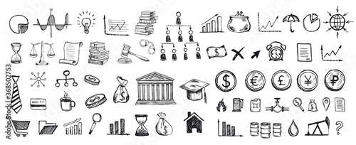 Hand drawn business symbols. Management concept with Doodle design style.