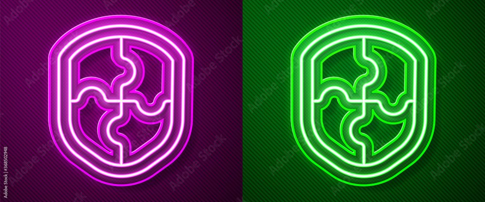 Glowing neon line Shield icon isolated on purple and green background. Guard sign. Security, safety, protection, privacy concept. Vector Illustration. Glowing neon line Shield icon isolated on purple and green background. Guard sign. Security, safety, protection, privacy concept. Vector Illustration.