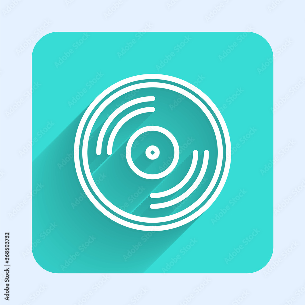 White line Vinyl disk icon isolated with long shadow. Green square button. Vector Illustration.