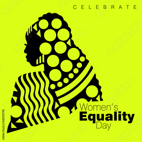 An abstract vector illustration of a single African American woman with curly long hairstyle in three quarter profile view on a neon color isolated background for Women's Equality Day