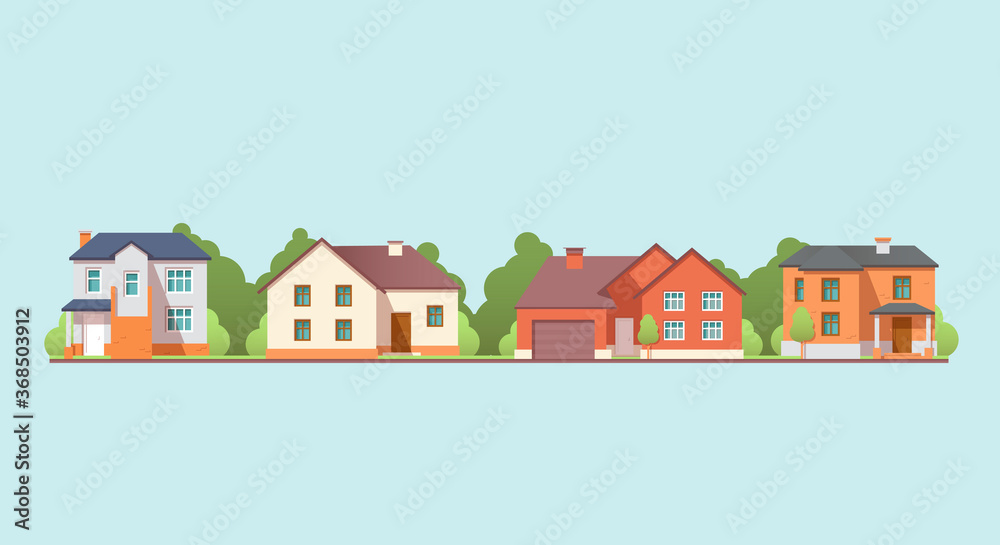 Colorful residential houses. Front view with roof. Vector illustration isolated on white background