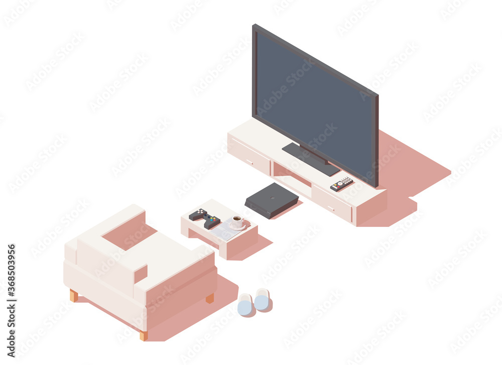 Gamer seat with a game console and TV. Vector isometric illustration isolated on white background