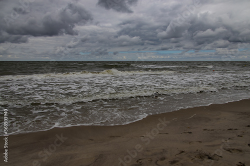 Fototapeta Naklejka Na Ścianę i Meble -  wide beach on the Baltic Sea in Poland on a summer cloudy gray cold day