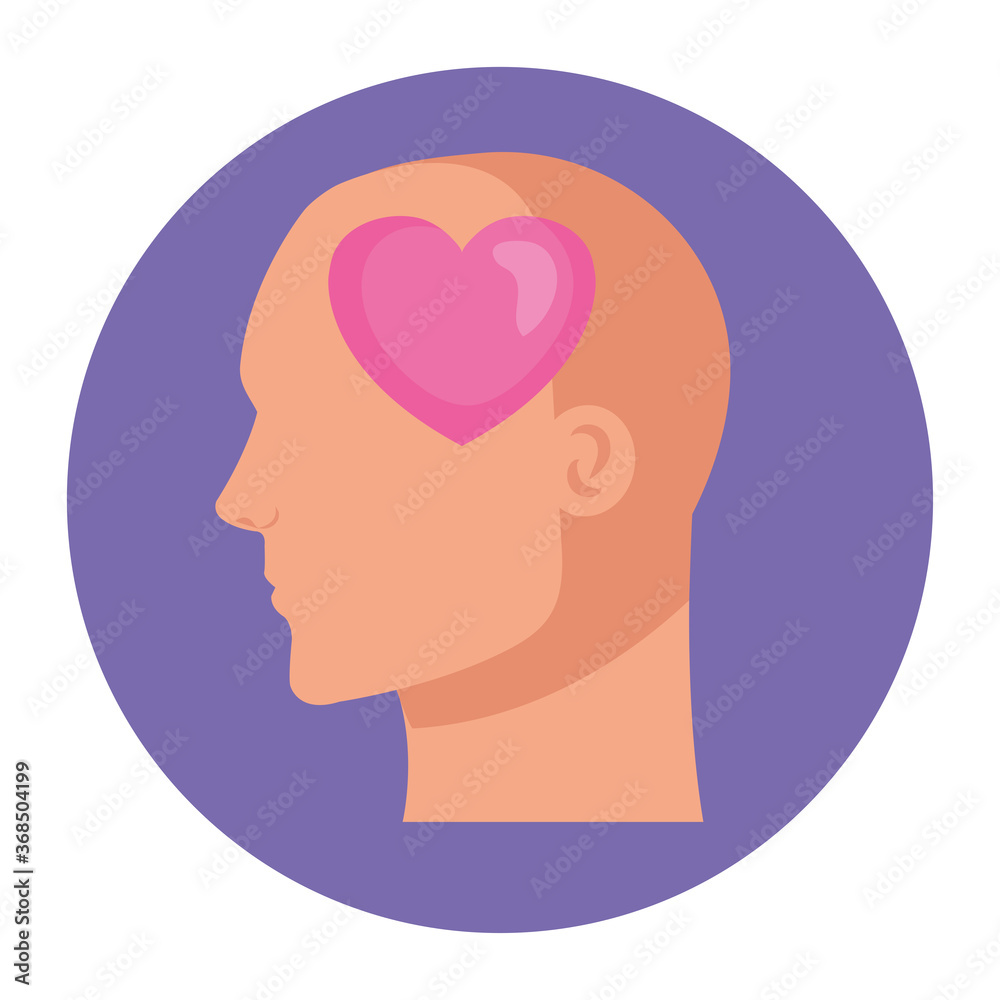 silhouette of head human profile with heart, on white background
