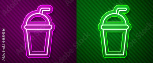 Glowing neon line Paper glass with drinking straw and water icon isolated on purple and green background. Soda drink glass. Fresh cold beverage symbol. Vector Illustration.