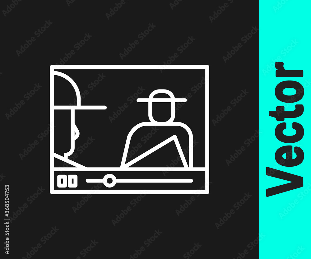 Fototapeta premium White line Online play video icon isolated on black background. Film strip with play sign. Vector Illustration.