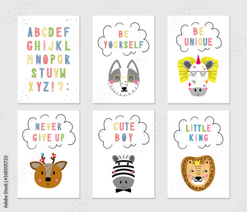 Cute nursery posters set. Scandinavian style alphabet with funny animals and quotes. Hand drawn vector. Kids wall art, prints, baby shower, greeting cards, birthday card, t-shirt. Modern illustration.