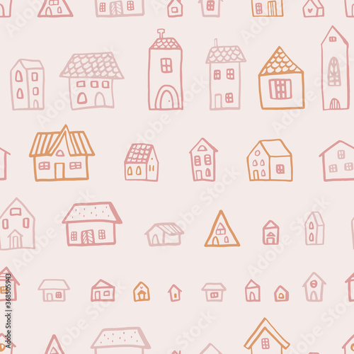 Vector seamless pattern with houses in doodle style. Stylish background for a nursery on brown background.