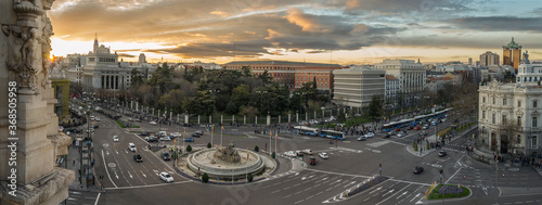 Aerial view of Cibeles fountain at Plaza de Cibeles in Madrid at sunset