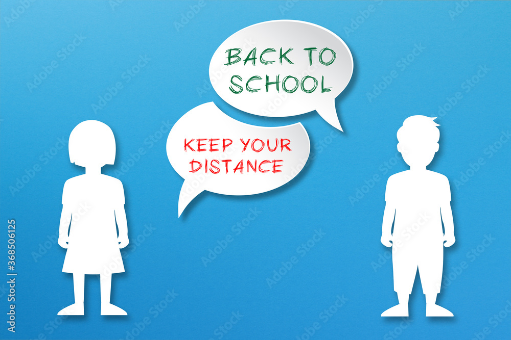 Back to school and keep your distance concept, speech bubble with boy and girl student paper cut on blue background, school reopening after covid-19 coronavirus Back to school and keep your distance concept, speech bubble with boy and girl student paper cut on blue background, school reopening after covid-19 coronavirus