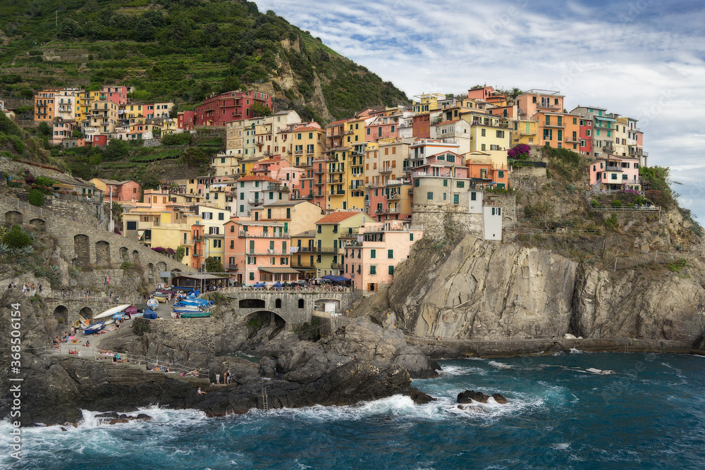 Windy day in Manarola, one of the five villages of the Cinque Terre on Italy mediterranean coast. Italia