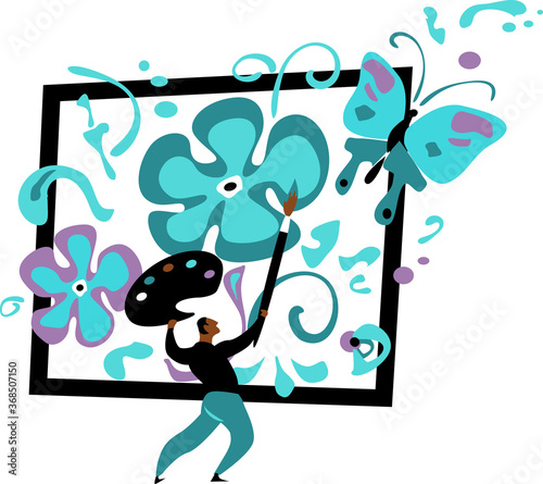 Man painting abstract flowers picture  his art spilling outside from the frame into the real world  EPS 8 vector illustration