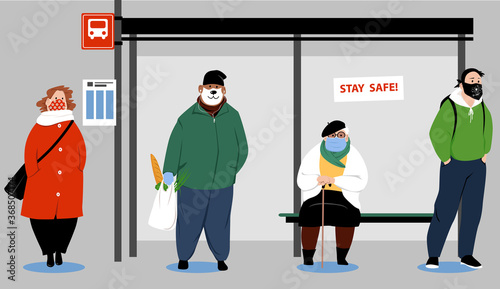 People waiting on a city bus stop wearing face coverage and maintaining physical distance, EPS 8 vector illustration	