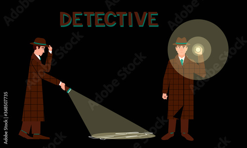 Detective with a flashlight in two different poses. Detective with flashlight on dark background. Search for evidence in the dark. Murder investigation concept.  Flat vector illustration.