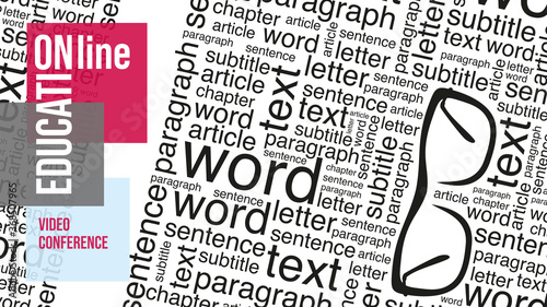 Virtual background for video conferencing. A pattern of words. Words of different sizes. Glasses. Template for courses or webinars