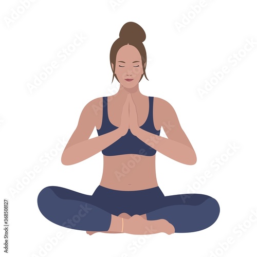 Meditating and yoga woman in flat style. Mental balance and women wellness concept.
