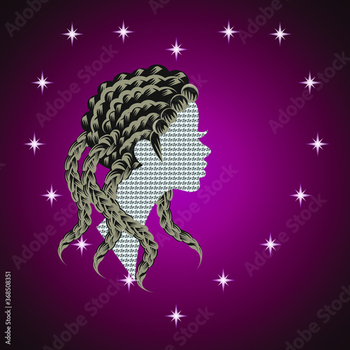 Abstract illustration of a brilliant girl with dreads on the pink gradient background